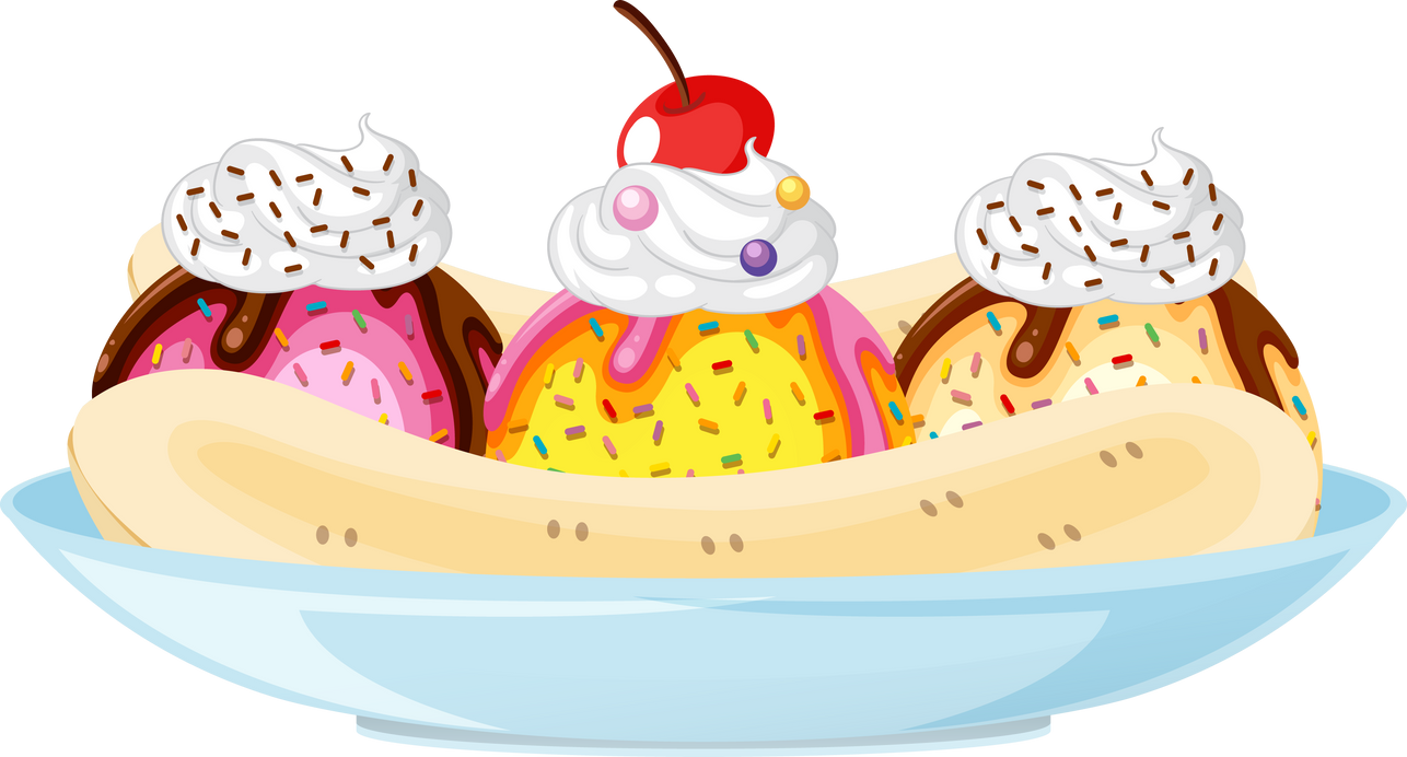 Banana Split Ice Cream Sundae on White Background